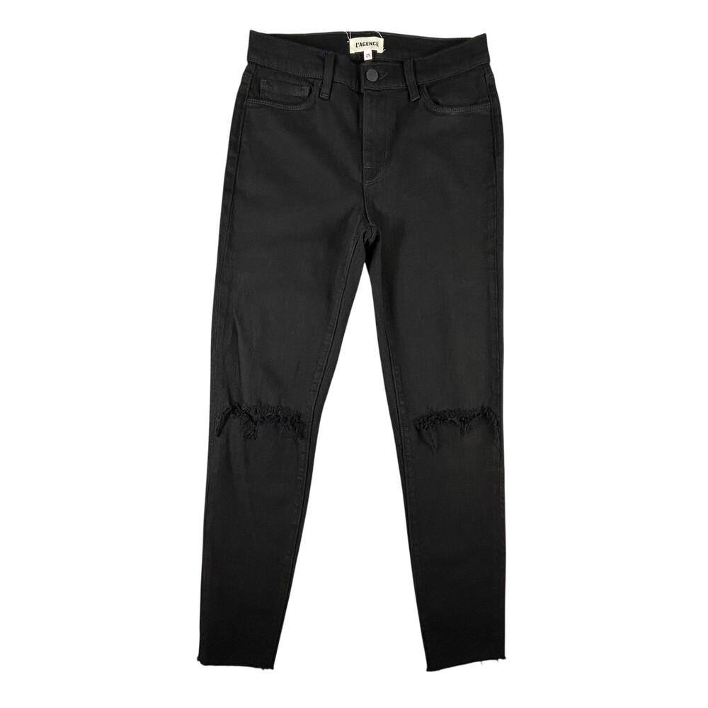 L'Agence Margot Jeans Womens 25 Black Distressed Skinny High Rise Raw Hem Denim